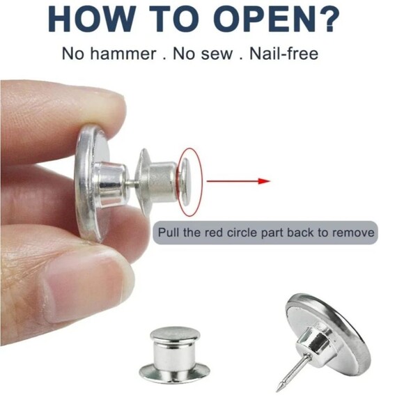 Button Pins for Jeans Jean Buttons Pins No Sew Set of 2 Replacement Silver - Picture 11 of 12